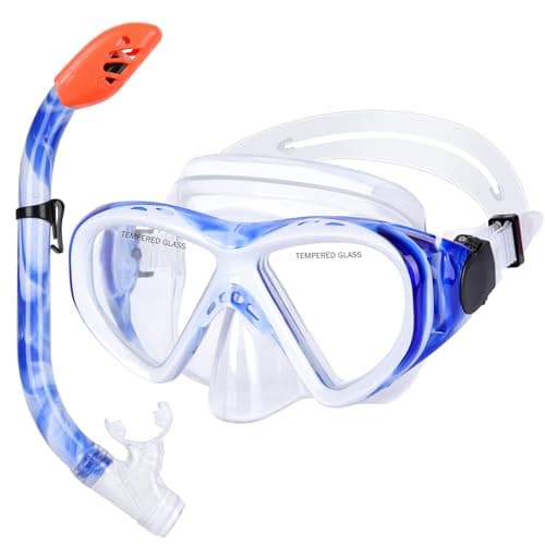 KUYOU Kids Snorkel Set Dry Top Snorkeling Gear,180°Panoramic Wide View Swimming Diving Mask for Kids Youth Boys Girls Junior Age 5-12 (Blue+White)