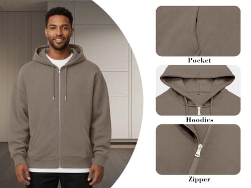 Oyamiki Men's Hooded Zip Up Hoodies Casual Plain Hoodie Light Brown S — view 5
