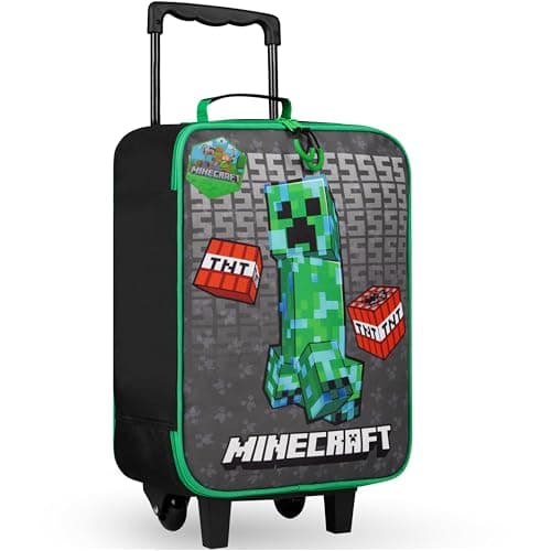 Minecraft Kids Suitcase for Boys and Girls Foldable Trolley Hand Luggage Bag Carry On Gamer Travel Bag with Wheels Size Cabin Bag Wheeled Bag with Handle Trolley Suitcase Boys, Black/Green