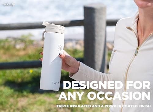 Fuel24 Duo - Stainless Steel Water Bottle 700ml or 1L - Vacuum Insulated Metal Flask with Straw (Dual use Lid) 1 Litre - for Sports, Gym, Work – Slim Design (Sand, 1000 ml) — view 6