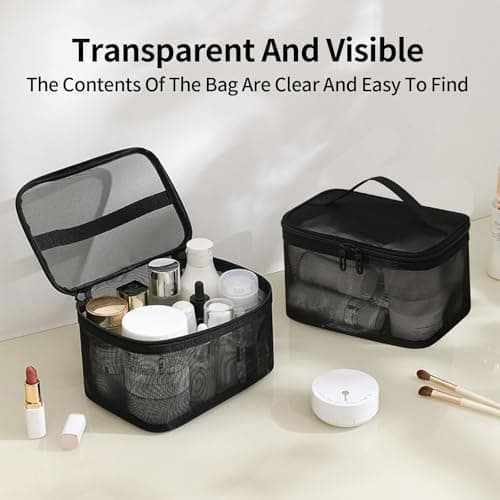 Lizbin Mesh Makeup Bag Travel Toiletry Bag, Portable Mesh Cosmetic Bag Makeup Organizer Bag, Travel Bag with Handl, Mesh Zipper Pouch for Home Office Travel Accessories (Black) — view 2