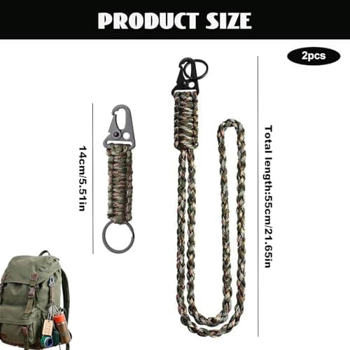WEYIEDILA 2 Pcs Braided Paracord Neck Lanyard, Heavy Duty Nylon Lanyard with Carabiner Metal Key Ring, Multipurpose Lanyard for Keys Camera ID Badge Travel — view 2