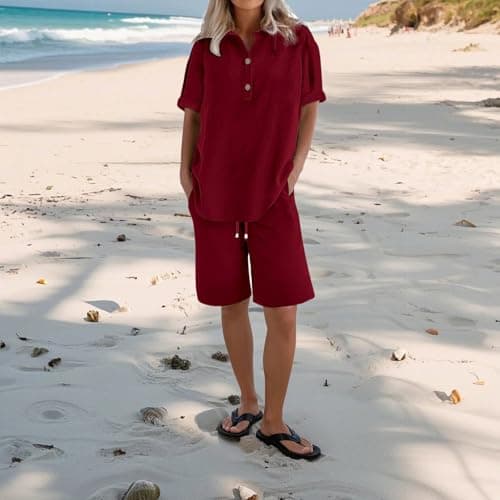 Travel Co Ord Sets for Women Burgundy Summer Cotton Linen Look 2 Piece Co-ord Set V Neck Short Sleeve Top and Elasticated Waist Shorts Casual Loungewear Outfit Size S-5XL — view 2