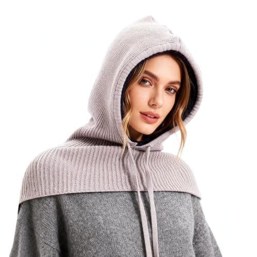 TAGVO 2 in 1 Balaclava Hat With Hooded Scarf, Windproof Slouchy Knitted Balaclava, Winter Soft Pullover Knit Beanie, One Piece Hat and Neck Warmer, Unisex Scarves & Wraps Beige