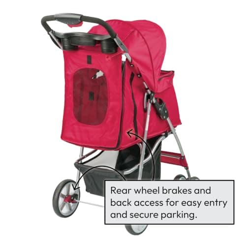 KCT Hooded Foldable Pet Dog Cat Stroller with Waterproof Rain Cover - Red - 4 Wheel Travel Carriage with Safety Leash, Canopy, Cup Holder, Storage Tray — view 4