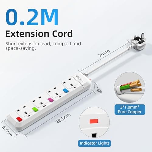 Mscien 4 Way Short Extension Lead, 0.2M Small Extension Lead, Fused 4 plug Extension Socket with Individual Switches Mountable Overload Protection Power Strips with 0.2 Metre Extension cable 2500W — view 2