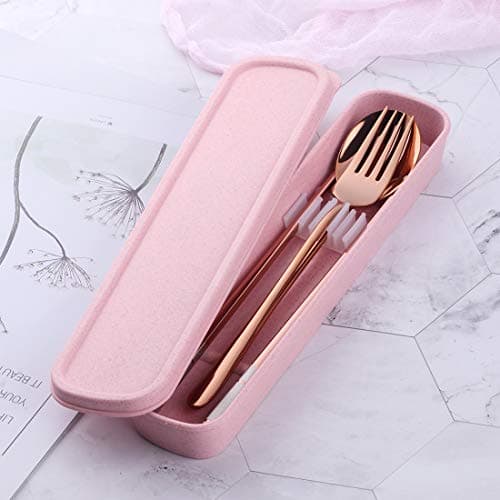 SBOMHS 18/10 Stainless Steel Portable Cutlery Chopsticks Spoon Fork Set with Case for School Home Office Camping Travel Outdoor Rose Gold — view 3