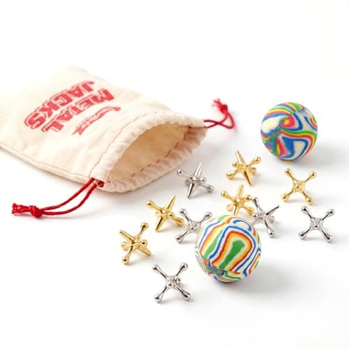 The Magic Toy Shop Retro Jacks Game Set with Balls - Classic Knucklebones Fivestones with 10 Metal Pieces & 2 Bouncy Balls, Traditional Skill Toy - Travel Play, Party Bag Fillers, Kids & Adults