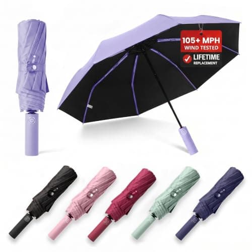 Automatic Travel Umbrella, Compact Windproof Folding Umbrella with One-Touch Auto Open & Close, UPF 50+ UV Protection, Lightweight Portable Rain Umbrella, Fibreglass Frame for Men & Women (Lavender)