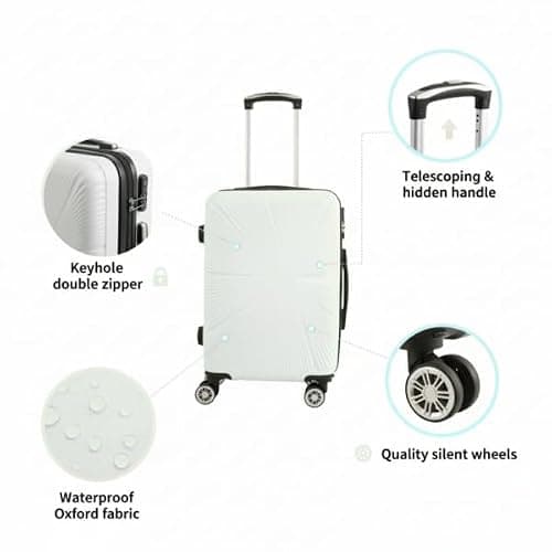 53X38X22CM Cabin Suitcase 4 Wheel Hardshell Expandable Luggage Case Hand Carry On ABS (T-HC-CABIN-2029) (White) — view 3