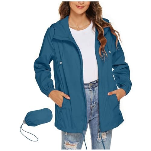 Waterproof Jacket Womens Packaway Rain Coat with Zip Pocket Outdoor Lightweight Softshell Sport Jacket Windproof Windbreak Hiking Jackets Casual Hooded Raincoats Rainproof Coats
