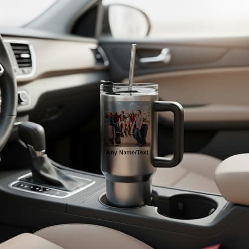 Getagift Personalised 40oz Travel Tumbler with Handle & Straw | Custom Name/Text with Your Own Photo | Stainless Steel Large Cup | Travel Water Bottle | Car Coffee Mug. (Silver) — view 3