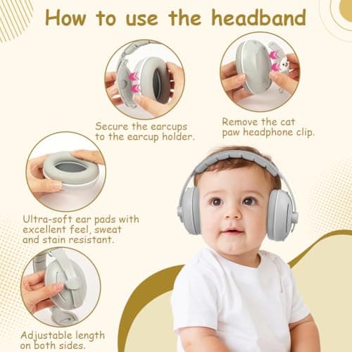 Adiwo 2-in-1 Baby Ear Defender, Non-Slip Baby Headphones, Noise Canceling Headphone & Headband for Babies, Ultra-Soft and Adjustable to 0-48 Months, Hearing Protection for Sleep Travel, Gray — view 4