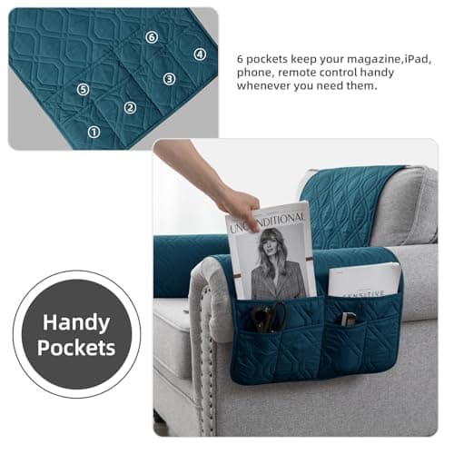 XDKS Sofa Armrest Organizer Caddy Anti-Slip Armchair Storage Bag Remote Control Holder for Recliner Couch with Pockets for Cellphone Magazines Glasses Space Saver Bag (Teal) — view 6