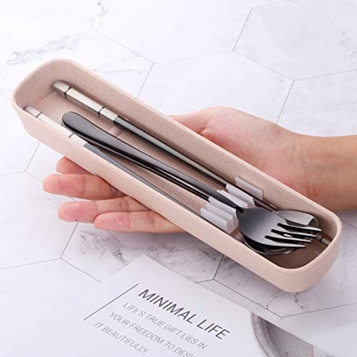 SBOMHS 18/10 Stainless Steel Travel Cutlery with Case Set Portable Chopsticks Spoon Fork set Black Colored for School Home Office Camping Outdoor — view 3