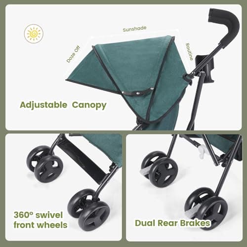 Baby Stroller,Travel Umbrella Stroller with Foldable Pushchair with Adjustable Canopy, Folding Infant Pram Stroller with Storage Basket,Cup Holder,Suspension Wheels for Infants 3-36M(Dark Green) — view 5
