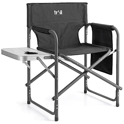 Trail Folding Directors Chair With Side Table, Cup Holder, Storage Pocket, Outdoor Camping Garden Seat, Storage Pocket, Padded Armrests, Heavy Duty Steel Frame,120kg Capacity (Black)