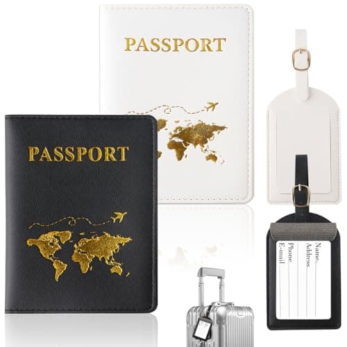 ZDNT 4 Pcs Passport Cover and Luggage Tag,Passport Holder,Passport Cover Luggage Tag Set,PU Leather Passport Holder Travel Wallet Case Organiser for Passport Credit Card Business ((White,Black))