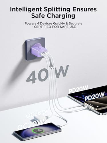USB C Plug,40W 4-Port Fast USB C Charger Plug Dual Port PD Power Adapter + QC Mains Wall Chargers Type C Charger Plug for iPhone 16 15 14 13 12 Pro Max 8 iPad, Samsung — view 2