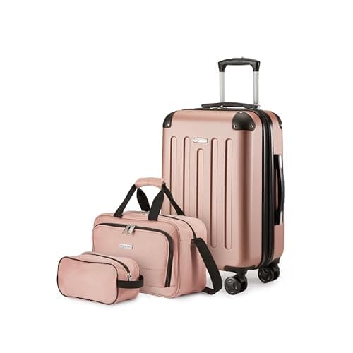 Amazon Basics Hardside Carry-On Spinner Luggage Set, 3-Piece, Carry-On Suitcase, Tote Bag, Compact Travel Bag, Expandable, 4 Spinner Wheels, Rose Gold