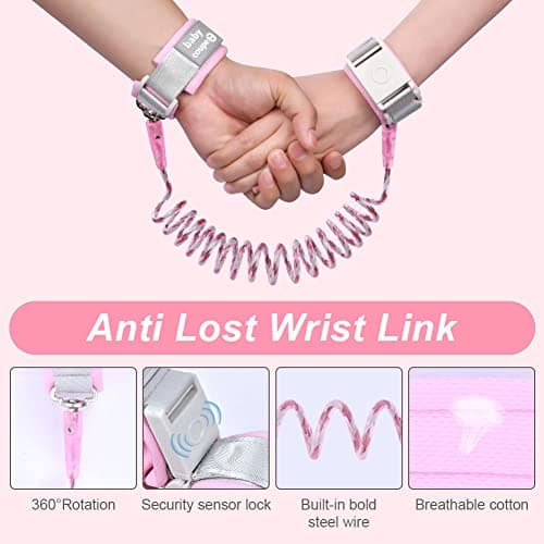 AOMIG Anti Lost Safety Wrist Link Belt, 1.5M Wrist Reins for Toddlers with Induction Lock, Baby Reins Toddler Reins for Walking & Travel, Toddler Wrist Strap for Walking (Pink) — view 3