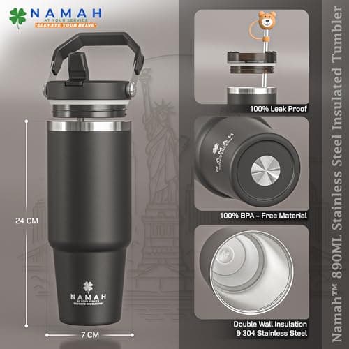 Namah® 890ML Stainless Steel Insulated Water Bottle with Straw, Double Wall Vacuum Insulated Travel Mug, Reusable Hot & Cold Drinks Bottle for Office, Gym, Travel, Hiking & Everyday Hydration — view 4