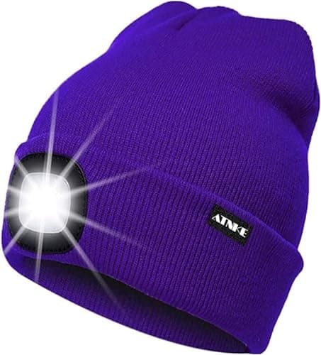 ATNKE LED Lighted Beanie Cap,USB Rechargeable Running Hat Ultra Bright 4 LED Waterproof Light Winter Warm Gifts for Men and Women/Purple