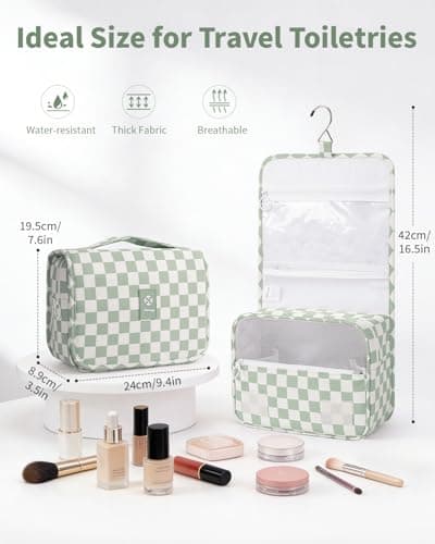 Narwey Hanging Toiletry Bag, Toiletry Bags for Women, Travel Toiletry Wash Bag Women, Toiletries Bag Washbag Makeup Bag Cosmetic Make up Organizer for Essentials (Mint Green Checkerboard) — view 4