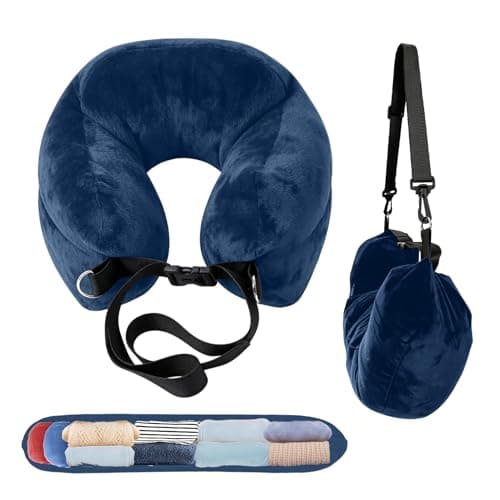 Stuffable Neck Pillow for Travel, Raised Neck Support Travel Pillow Stuffable with Clothes for Extra Luggage Space, Adjustable Strap, Relax with Soft Head Support for Airplane, Camping, Train, Hiking