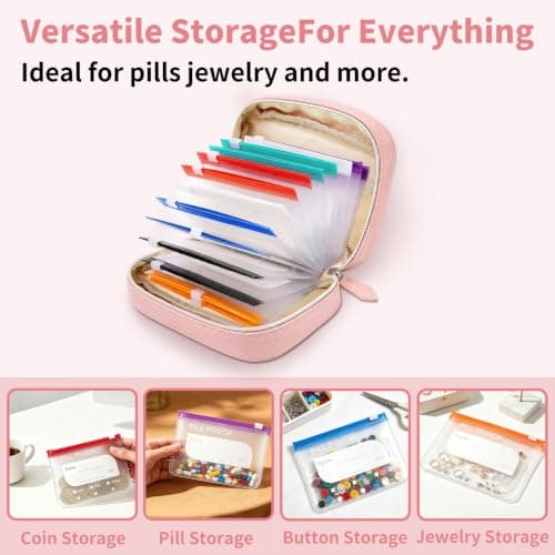 A8 Waterproof Pill Organiser Pouch Set with14 Color-Coded Bags Large Capacity Pill Pouches for Travel Reusable Medicine Pouch for Medication/Fish Oils/Vitamins 14 Day Travel Pill Box (Pink) — view 4