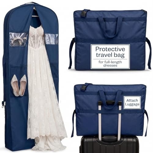 Sturdy Oxford polyester fabric - Wedding Dress Garment Bag - Shoulder Strap - Accessory Pockets - Attaches to Suitcase – Waterproof – Trifold – Designed for Full Skirts (Blue)