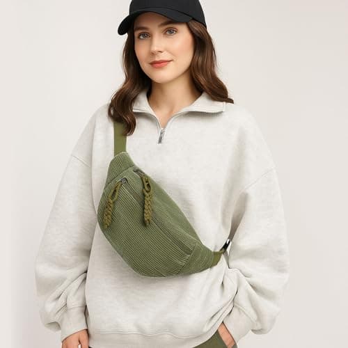 AYNKH Fanny Pack Ladies Corduroy, Shoulder Bag Ladies, Stylish & Practical Chest Bag, for Outdoor Sports Travelling Running School (Green) — view 5