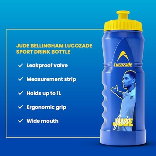 Lucozade Sport x Jude Bellingham England Football 1L Sports Water Bottle – leak proof, with sports cap & measuring strip, in yellow & blue — view 4