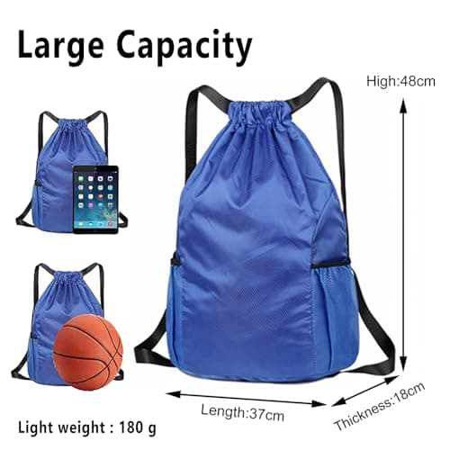 Toced Drawstring Bag, Unisex Large Sports Backpack String Drawstring PE Bags, Sport Gym Sack have Two Side Pockets, Travel Beach Swim School Bag with Waterproof (Royalblue) — view 2