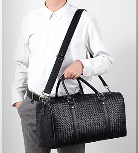 Leather Travel Duffle Bag for Men, Woven Carry On Weekender Overnight Bags for Business Sports Gym Black — view 6