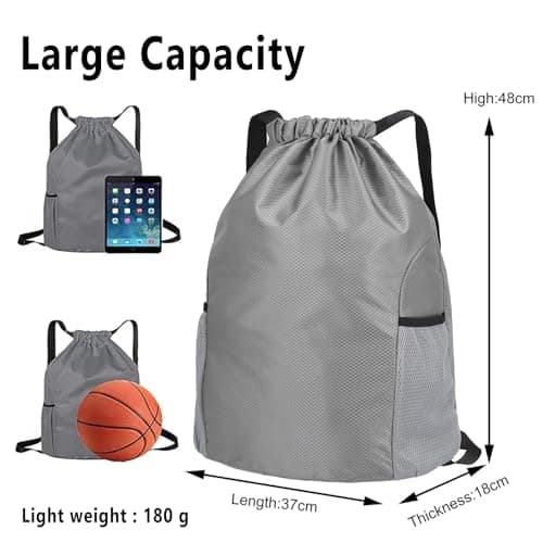 Toced Drawstring Bag, Unisex Large Sports Backpack String Drawstring PE Bags, Sport Gym Sack have Two Side Pockets, Travel Beach Swim School Bag with Waterproof (Grey) — view 2
