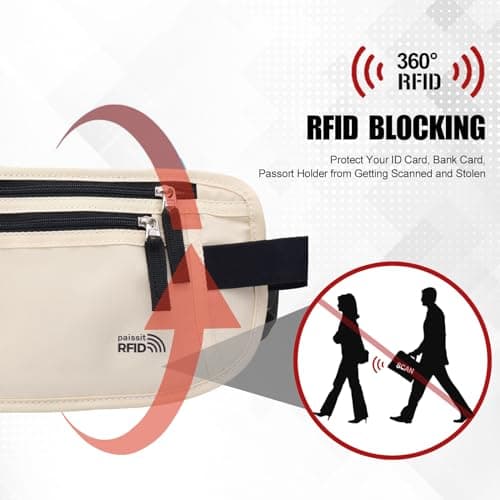 paissit Unisex Money Belt for Men and Women, Slim Passport Holder RFID Blocking Travel Pouch with Adjustable Strap Small Waist Pouch for Workout Running Travelling Hiking, Cream White, M — view 2