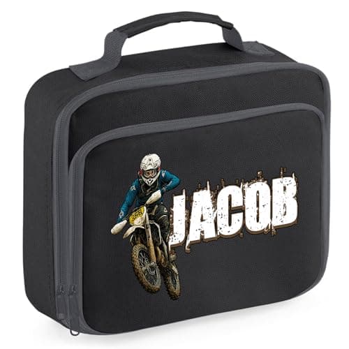Purple Print House Boys Personalised Motorcross Lunch Bag Action Shot Design Childs Name Dirt Bike Off-Road Racing Kids Lunch Box, 24cm x 20cm x 8cm, Black
