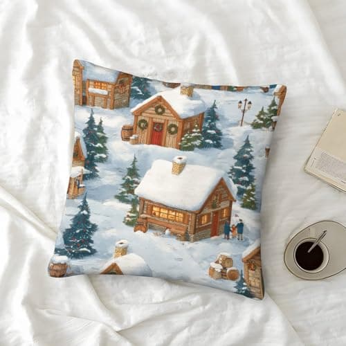 Winter Village Scene Organic Cotton Cozy Cabin StylePillow Slip Set of 2 Hypoallergenic UK Standard Size Kids Toddler Double Bed Ultra Soft No Pilling Gift Giving 40x40cm — view 6