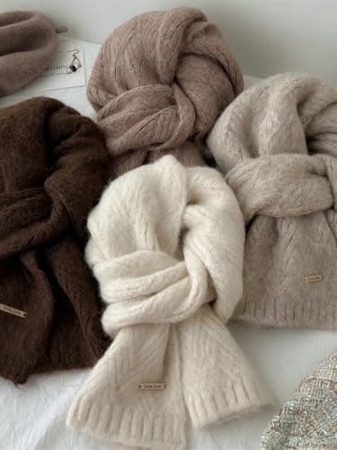 Bagkeak Alpaca Wool Solid Color Knitted Scarf for Women Warm Shoulder Wrap Versatile Layering Accessory for Fall, Winter, Oat, Medium — view 3