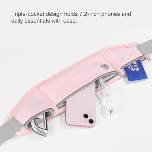 Bamily Running Belt Waist Pack, Water-Resistant Sweatproof Multi-Pocket Running Phone Holder for Women, Pink Marathon Outdoor Waist Bag for Running, Cycling, Hiking & Fitness — view 4