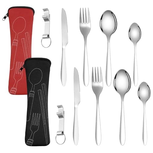 Vicloon 2 Set Travel Cutlery Set, Stainless Steel Flatware Camping Utensil with Neoprene Bag, Cutlery Set with Portable Pouch Case for for Outdoor Travel Picnic Office School Lunch Box (Black & Red)