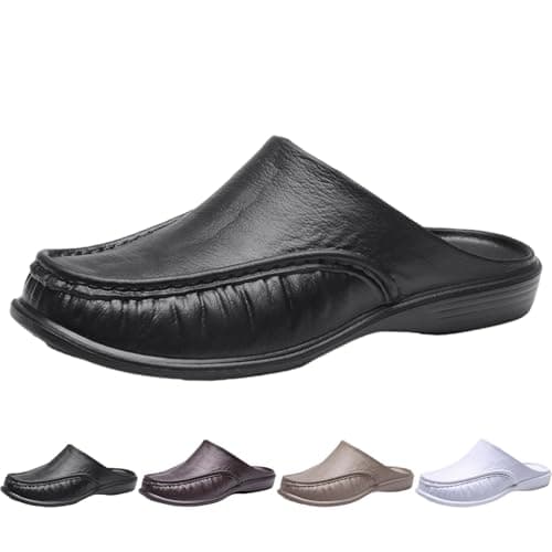 Mens Orthopedic Leather Clogs Breathable Slip on Mules Slippers Men Casual Modern Wide Fit Flat Trainers Arch Support Large Size Walking Shoes Backless Indoor Outdoor Sandals (Black, 9.5) — view 4