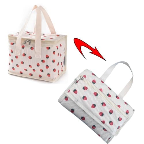 TEAMOOK Foldable Lunch Bag Insulated Lunch Box Water-Resistant Leakproof Soft Cooler Bag 8-10 cans Beige Strawberry — view 4