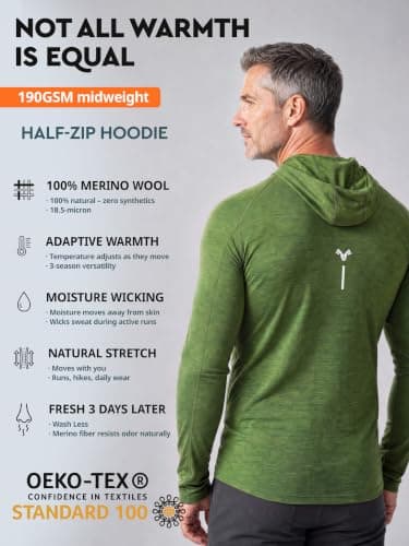 MERINNOVATION 100% Merino Wool Hoodie for Men - Thermal Base Layer Men's Long Sleeve Half Zip Sweatshirt for Hiking Travel, Green Olive, M — view 2