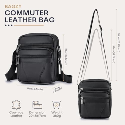 BAGZY Mens Genuine Cowhide Leather Shoulder Bag Ipad Case Bag Messenger Bag Crossbody Satchel Handbag Top-handle Travel Business bag for Kindle Tablet Wallet Purse Mobile Phones Black — view 3