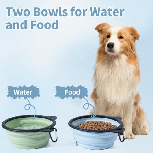 SLSON Silicone Collapsible Dog Bowl, 2 Pack Portable Dog Travel Bowl, Cute Cat Pattern Pet Feeding Bowl 750ml Large Foldable Food & Water Bowl with Carabiner (Blue+Green) — view 6