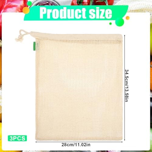 ZEYIYER 3 Pack Vegetable Bags Cotton Drawstring Bag, 35 x 28 cm Big Mesh Produce Bags for Vegetables Fruit, Reusable Produce Bags Washable Net Bags — view 2