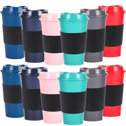 Yisituo Plastic Coffee Cups with Lids, 12 Pack 480ml Reusable Tumblers for Adults, for Hot & Cold Drinks, Microwaveable Travel Mugs (12, Vivid)