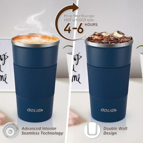 Aolieh Travel Mug 510 ml, Insulated Coffee Cup with Lid, Reusable Stainless Steel Thermal Cup for Coffee, Tea & Cold Drinks, Leak-Resistant Double-Walled Travel Mug, Navy Blue — view 3